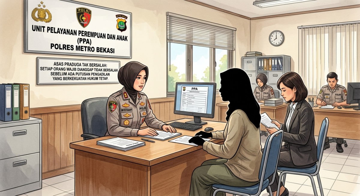 Ilustrasi ibu korban meminta kejelasan kasus ke unit PPA polres metro bekasi, di dampingi kuasa hukumnya. 
